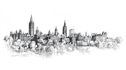 Obraz premium Guelph, Canada, black and white pen pencil hand-drawn effect drawing illustration for travel poster, card, wallpaper, backdrop or banner. Modern, clear, artistic and simple