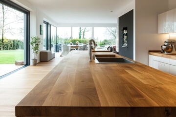 Obraz premium Modern contemporary spacious kitchen room with wooden kitchen countertop for montage with generative ai