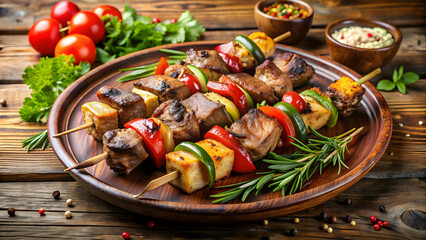 Traditional Russian dish consisting of skewered and grilled cubes of marinated meat, vegetables, and mushrooms