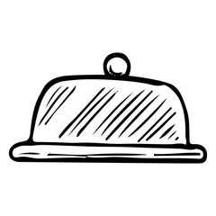 Butter dish hand drawn doodle. Tableware. Container for storing butter. Kitchenware. Ceramic or metal plate with lid. Vector sketch line art illustration.
