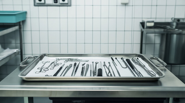 Sterile surgical instruments on metal tray in hospital operating room, ready for use concept