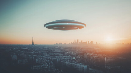 Futuristic UFO hovering over Parisian skyline at sunset, cityscape, futuristic concept