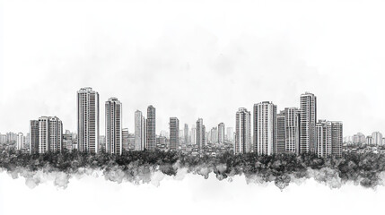 Obraz premium Gurgaon, India, black and white pen pencil hand-drawn effect drawing illustration for travel poster, card, wallpaper, backdrop or banner. Modern, clear, artistic and simple