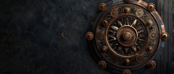 Naklejka premium Steampunk-inspired Wheel of Fortune with intricate brass and copper designs, industrial setting with old-world charm, dark tones