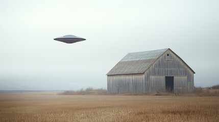 UFO flying over abandoned barn in misty field, eerie landscape with distant farm, extraterrestrial encounter concept