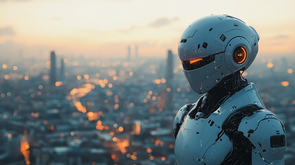 A robot stands in front of a city skyline at dusk