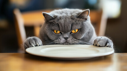 Hungry cat waiting for food, gray feline with intense eyes staring at empty plate, anticipation concept