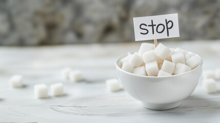 Sugar Cubes in a White Bowl on a White Table with a Small Flag Featuring Handwritten 'Stop' Text: Visual Representation of No Sugar Diet Concept, Perfect for Health, Wellness, and Nutrition Themes.