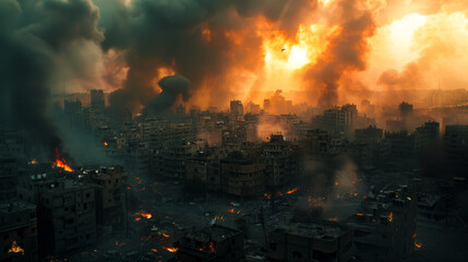 Fototapeta premium city under siege with smoke rising from multiple buildings, engulfed in flames and chaos. dramatic sky is filled with dark clouds and fiery sunset, creating haunting atmosphere