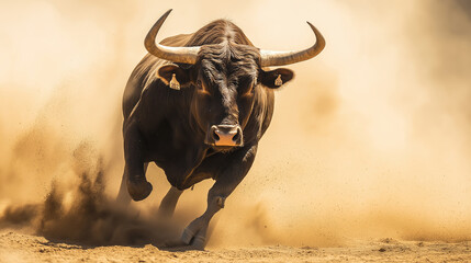Powerful bull charging through dusty field, mid-action, dynamic energy, agricultural concept