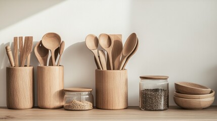 Wooden kitchen utensils, bowls, and jars on a countertop.