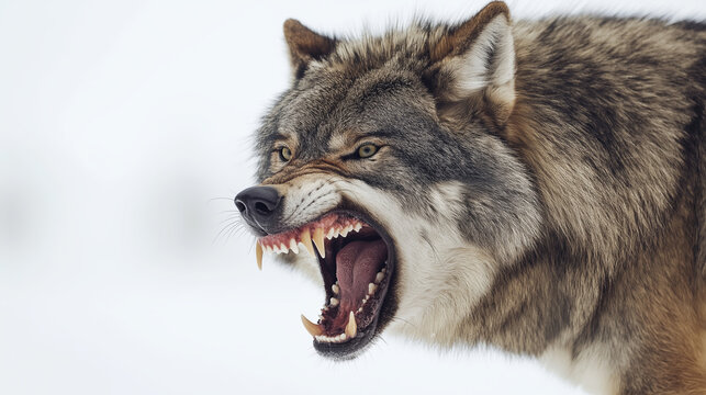 Fierce wolf baring sharp teeth in snowy landscape, wildlife, predator, snowy nature concept