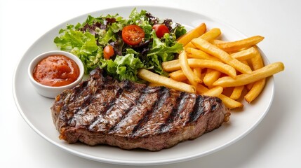 A plate of steak served with a side of crispy fries and a fresh salad, arranged elegantly on a white background to emphasize the vibrant colors and textures of the meal.