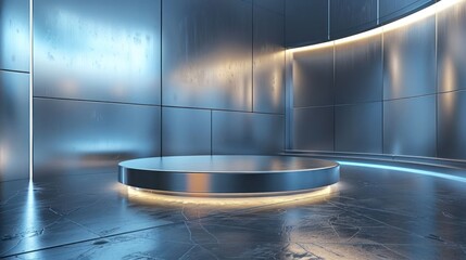 A circular, silver podium sits in a futuristic, metallic room with blue and orange lighting.