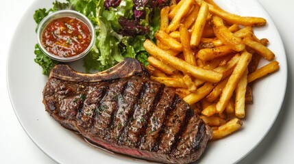 A plate of steak served with a side of crispy fries and a fresh salad, arranged elegantly on a white background to emphasize the vibrant colors and textures of the meal.