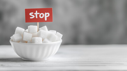 Sugar Cubes in a White Bowl on a White Table with a Small Flag Featuring Handwritten 'Stop' Text: Visual Representation of No Sugar Diet Concept, Perfect for Health, Wellness, and Nutrition Themes.