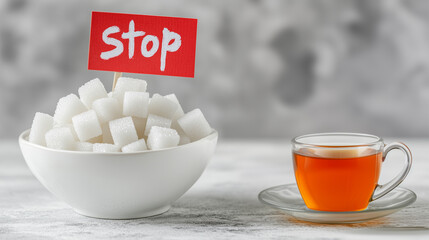Sugar Cubes in a White Bowl on a White Table with a Small Flag Featuring Handwritten 'Stop' Text: Visual Representation of No Sugar Diet Concept, Perfect for Health, Wellness, and Nutrition Themes.
