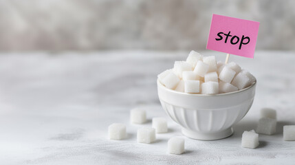 Sugar Cubes in a White Bowl on a White Table with a Small Flag Featuring Handwritten 'Stop' Text: Visual Representation of No Sugar Diet Concept, Perfect for Health, Wellness, and Nutrition Themes.