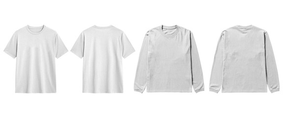 Mockup of white T shirt with different sleeve lengths and views, front, back, short, long, for easy...