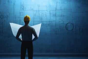 An illustration depicting an engineer reviewing plans against a backdrop of paper and blueprints, embodying the essence of engineering concepts and design. This scene highlights the meticulous nature 