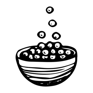 recommend clip art: Bowl of chocolate balls for breakfast hand drawn doodle. Morning food for kids and adults. Deep plate. Kitchen utensils. Vector sketch line art illustration.