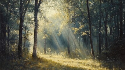 Obraz premium Sunlight Streaking Through a Dense Forest