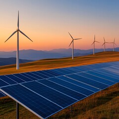 Solar panels and wind turbines on a hillside, symbolizing solutions to reducing environmental impact from energy consumption.