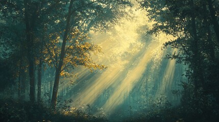 Fototapeta premium Sunbeams Illuminating a Misty Forest