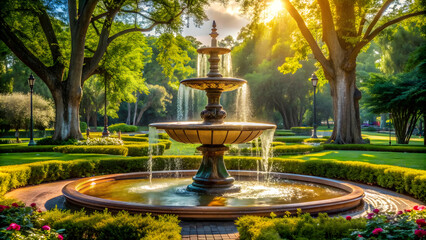 A beautiful fountain in a tranquil park setting, water, flowing, architecture, landscape, outdoor, sculpture, feature, garden