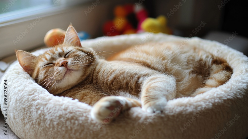 Poster a plump cat snoozing in a plush cat bed, with its belly visible and a serene look, surrounded by a f