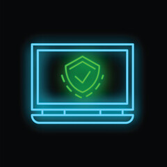 Neon green shield with checkmark displayed on a laptop screen, symbolizing cybersecurity and data protection