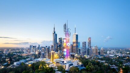 Obraz premium A modern city skyline illuminated at night, showcasing 5G towers integrated with smart city technology. The vibrant lights from the buildings reflect the innovation and connectivity brought by
