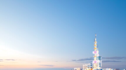 Obraz premium A modern city skyline illuminated at night, showcasing 5G towers integrated with smart city technology. The vibrant lights from the buildings reflect the innovation and connectivity brought by