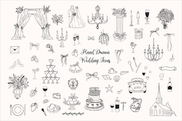 Minimalist whimsical hand drawn wedding doodle, simple outline icons. Objects like bride and groom, champagne glass, cake, candles perfect for wedding invitation card design. 