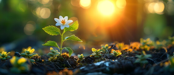 World Photography Day combined save a green world, Beautiful spring flowers blooming in the forest, their vibrant colors contrasting with the lush green leaves and the sun-drenched undergrowth