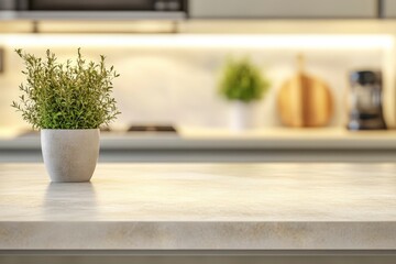 Fototapeta premium Modern kitchen countertop or tabletop with empty space over blurred kitchen in the background with generative ai