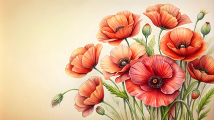 Fototapeta premium Detailed sketch of a bouquet of poppies, poppies, flowers, nature, vibrant, red, sketch, botanical, artistic, detailed, drawing