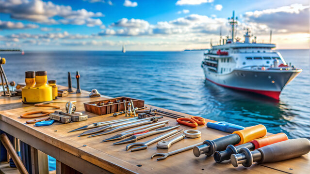 Nautical tools array with majestic cruise ship on azure sea horizon