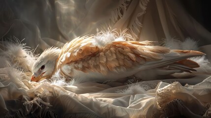 A white bird with brown markings rests on a bed of soft white feathers, bathed in warm, ethereal light.