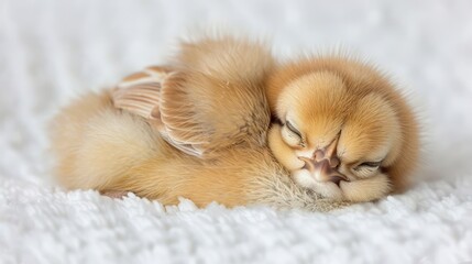 A tiny, fluffy chick sleeps soundly on a white background.