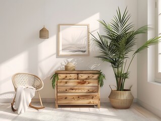 Wooden chest of drawers in modern living room interior with plant.