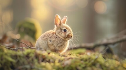 Fototapeta premium A small brown rabbit sits on a bed of moss in a forest, bathed in the warm glow of the sun.