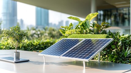 Fototapeta premium An innovative home equipped with solar panels and a green roof, surrounded by lush vegetation. The depth of field draws attention to the eco-friendly features of the house while keeping the