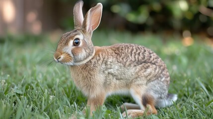 Fototapeta premium A brown rabbit with long ears stands in a green grassy field, looking to the side.
