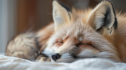 Fototapeta premium A red fox with its eyes closed, sleeping peacefully on a white bed.