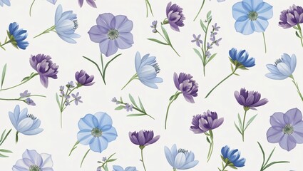 Seamless floral pattern with blue, purple, and lavender flowers, delicately illustrated with green stems and leaves on an off-white background, elegant design, generative ai