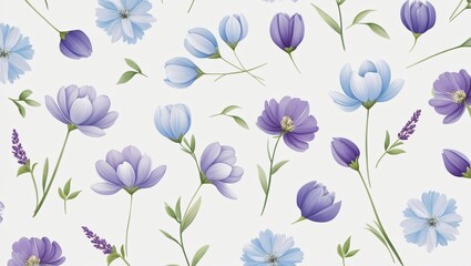 Seamless floral pattern with blue, purple, and lavender flowers, delicately illustrated with green stems and leaves on an off-white background, elegant design, generative ai