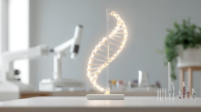 An artistic representation of a double helix DNA strand illuminated in a laboratory setting, surrounded by high-tech equipment and a vibrant backdrop of biological elements. The compositionâ€™s rich