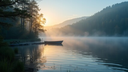Generative AI, a boat is sitting on the water near a dock with a bench in the foreground and a mountain in the background, lake, a stock photo, german romanticism
