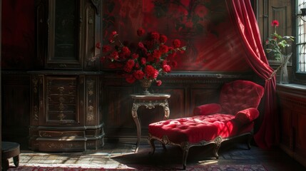 A red chaise lounge in a luxurious room with a large vase of red roses in the background.